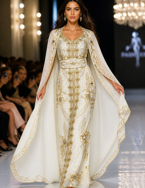 Elfenbein Luxus Abaya mit Goldstickerei