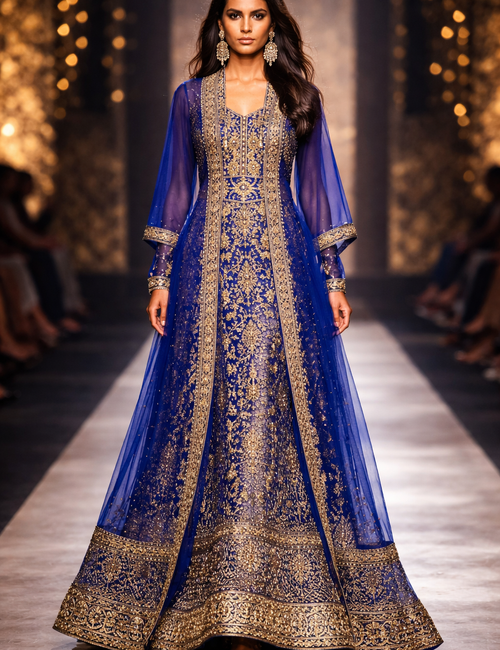 Königliche Blau Luxus-Abaya mit Goldstickerei