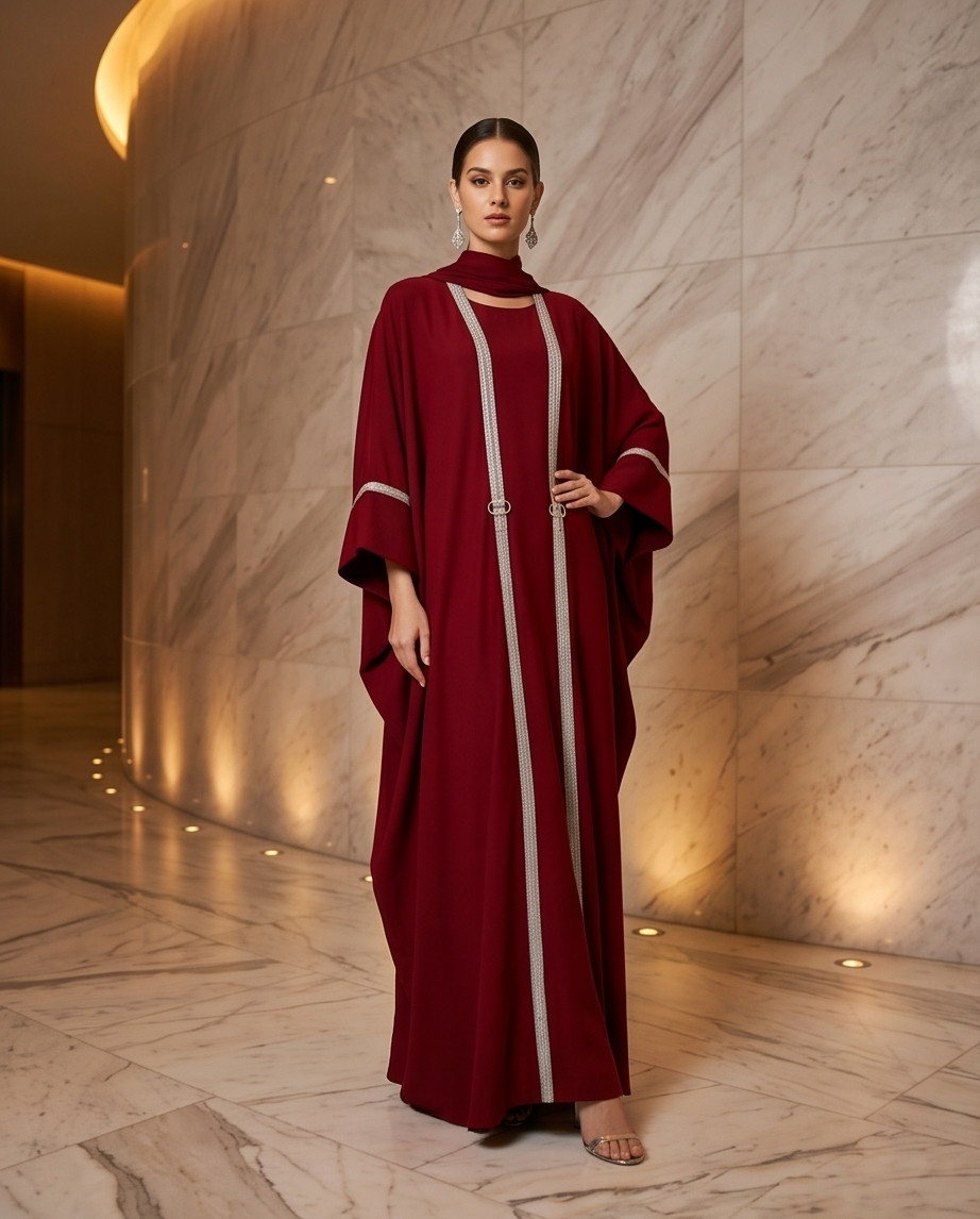 Bordeaux Luxus Abaya mit Kontrastbesatz