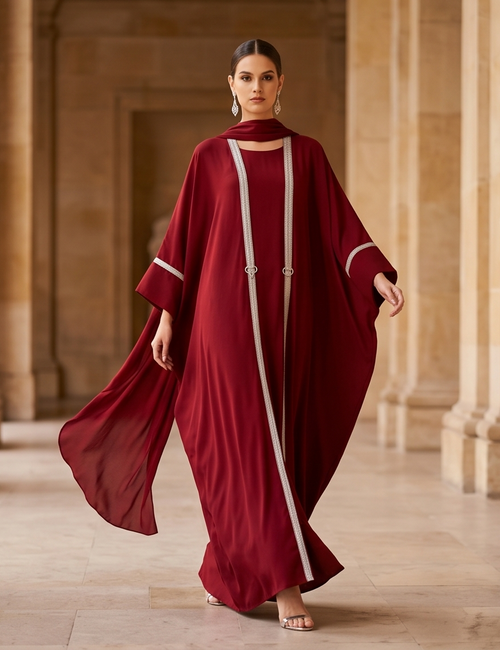 Bordeaux Luxus Abaya mit Kontrastbesatz