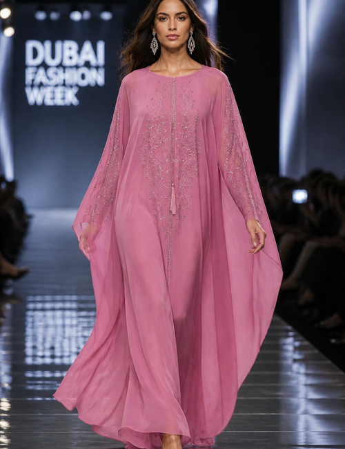 Rosa Butterfly Kaftan Abaya mit Perlenstickerei