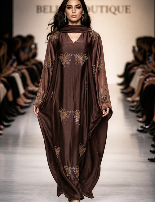 Olivgrüne Luxus Abaya mit Goldstickerei