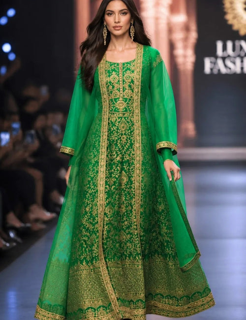 Smaragdgrüne Royal Abaya mit Goldstickerei
