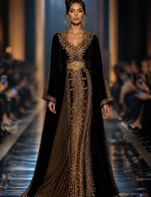 Royal Black Farasha Abaya mit Goldstickerei