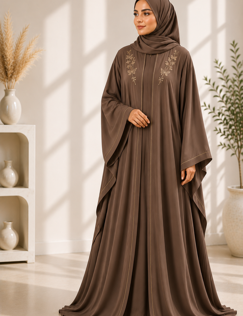 Premium Butterfly Abaya mit eleganter Stickerei – Braun