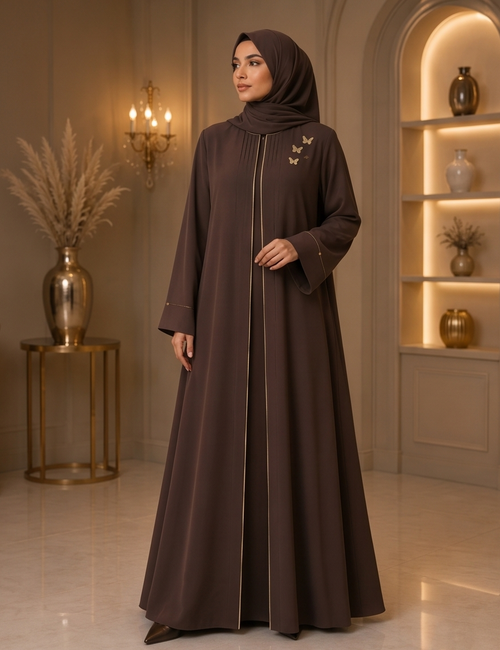 Elegant Embroidered Abaya – Chocolate Brown