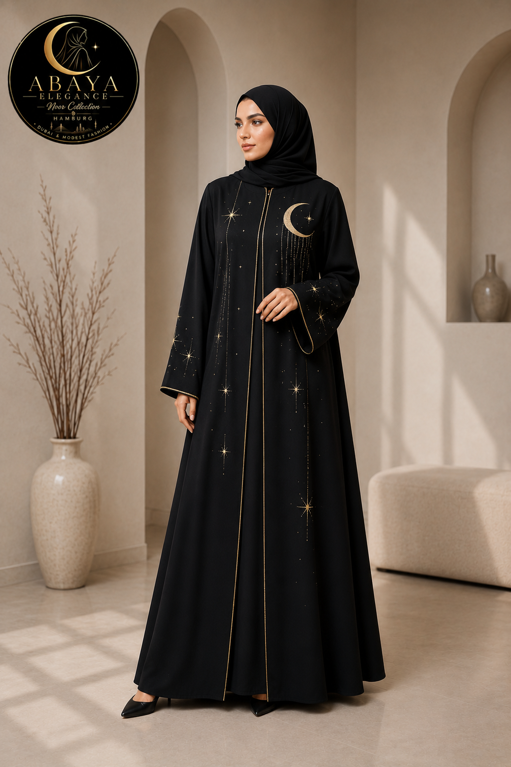 Elegante Schwarze Dubai Abaya mit Goldenen Details